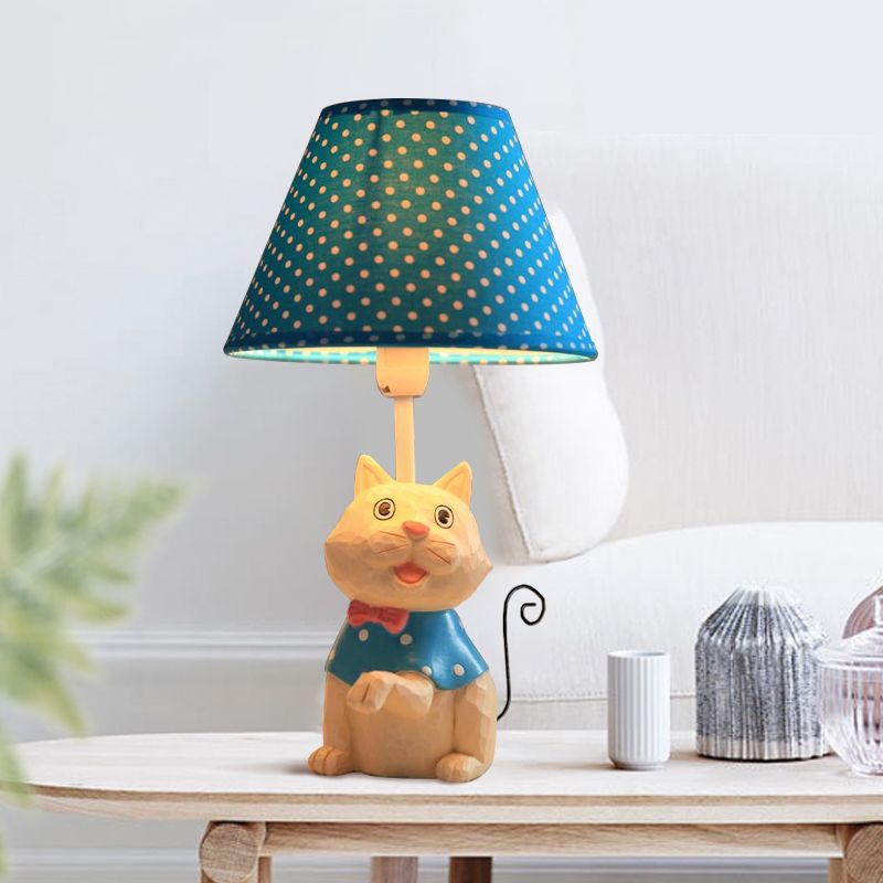 Pink/Blue Cone Reading Book Light Cartoon 1 Bulb Fabric Table Lamp with Spot Design and Cat Base