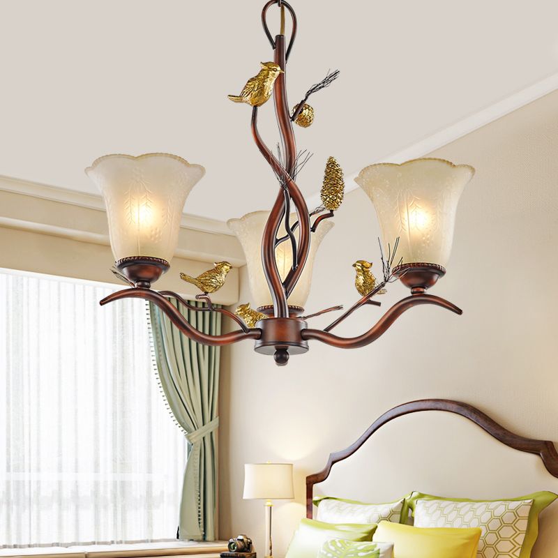Flower Shaped Living Room Ceiling Chandelier Rustic Frosted Glass 3/6/8 Lights Brown Hanging Fixture with Bird