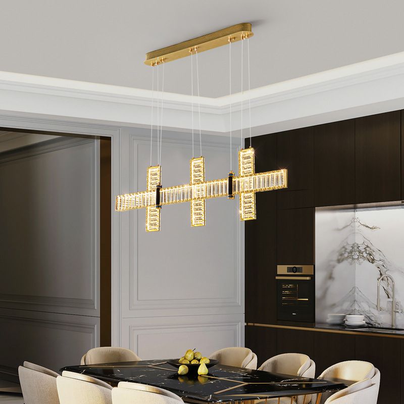 Contemporary Island Light Fixtures Linear LED Hanging Lamp with Crystal for Dining Room