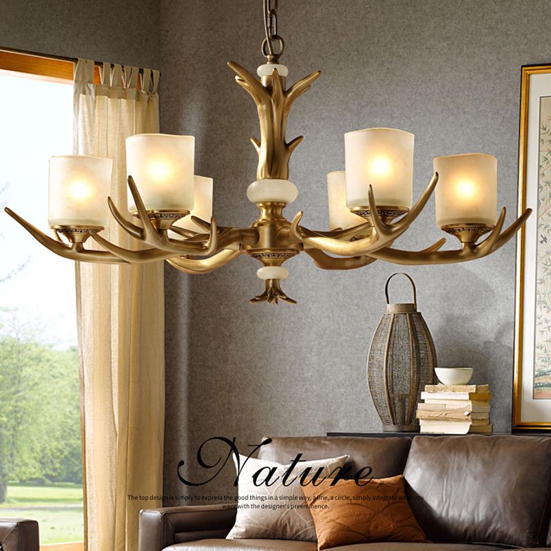 Multi-Head Chandelier Light Fixtures Rustic Antler Chandelier Pendant Lamp with White Glass Shade