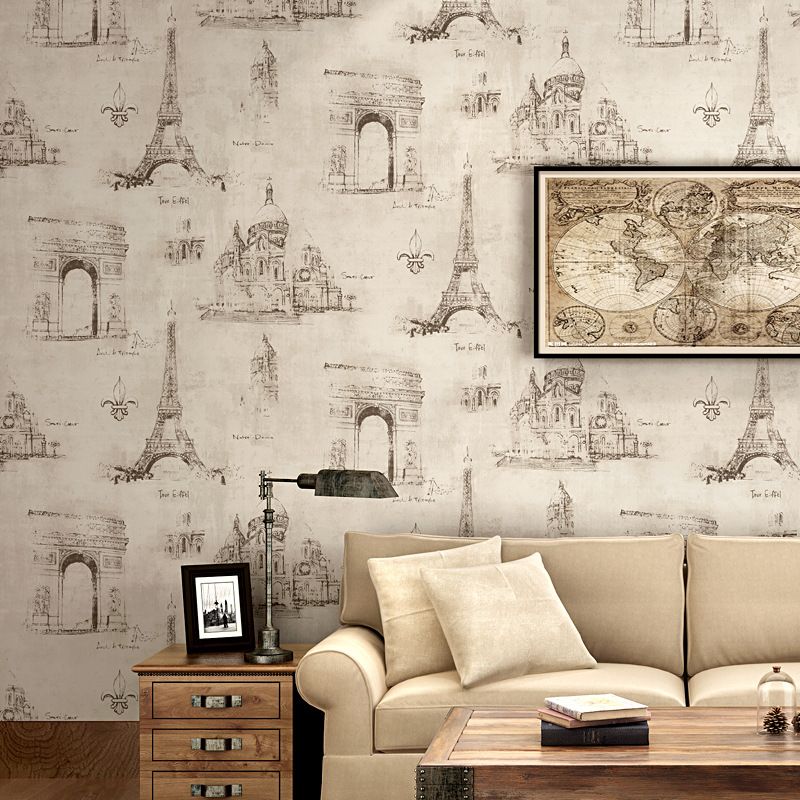 Coffee and Dress Room Wallpaper Eiffel Tower and Traditional European Buildings Design, 33' x 20.5", Non-Pasted