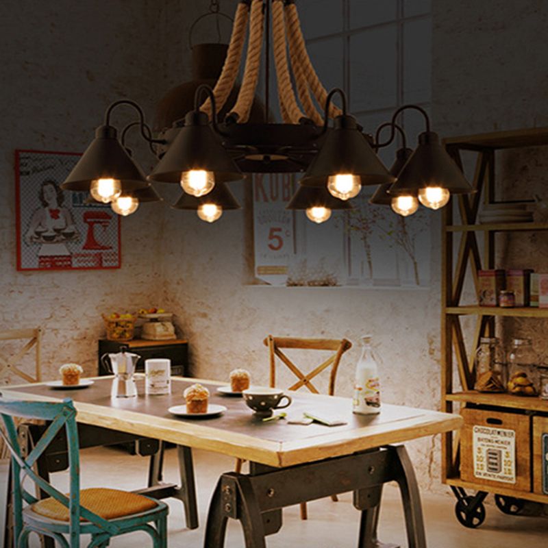 Multi Lights Black Hanging Chandelier Light Industrial Rope Cone Pendant Lamp