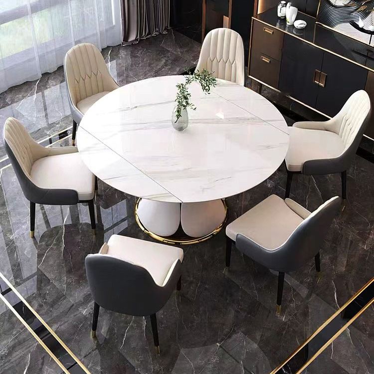 Glam Sintered Stone Extendable Table Round Shape Kitchen Dining Table with Pedestal Base