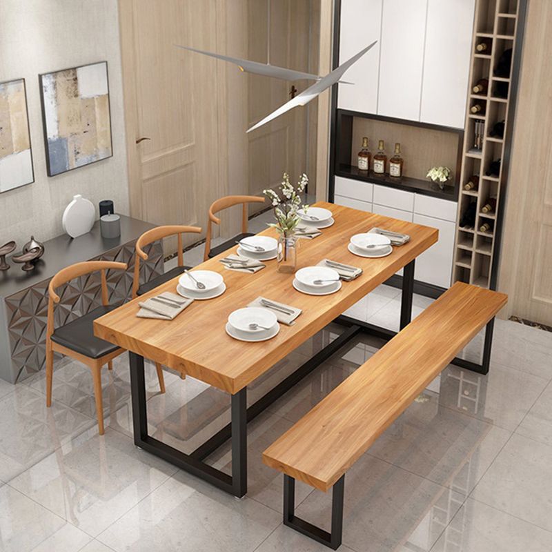 Natural Pine Wood Top Table Rectangle Black Iron Trestle Base Dining Table without Chair