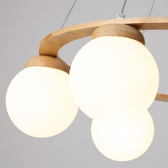 Wooden Circle Chandelier Nordic Style Hanging Light with Ball White Glass Shade