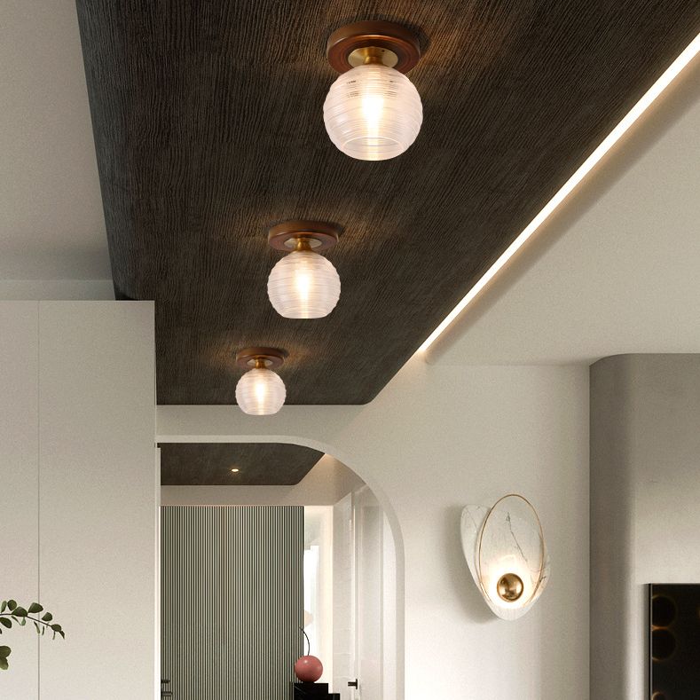 Simplicity Small Ceiling Flush Light Clear Glass 1 Bulb Entryway Flush Mount Light in Dark Wood