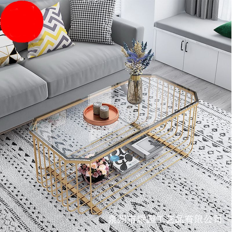 Contemporary Glass & Marble Coffee Table Octagon 1 Single Cocktail Table with Shelf