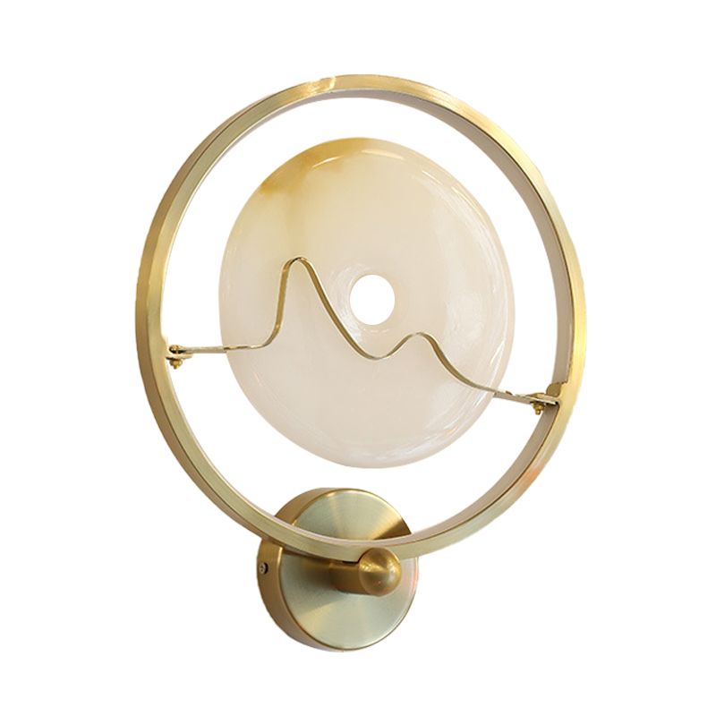 Contemporary Jade Clothing Sconce Lighting Stone LED Corridor Wall Mount Lamp with Gold Ring