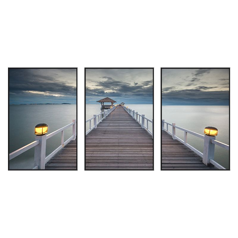 Seaside Bridge Scene Art Print Modern Canvas Multi-Piece Painting in Soft Color, Set of Three