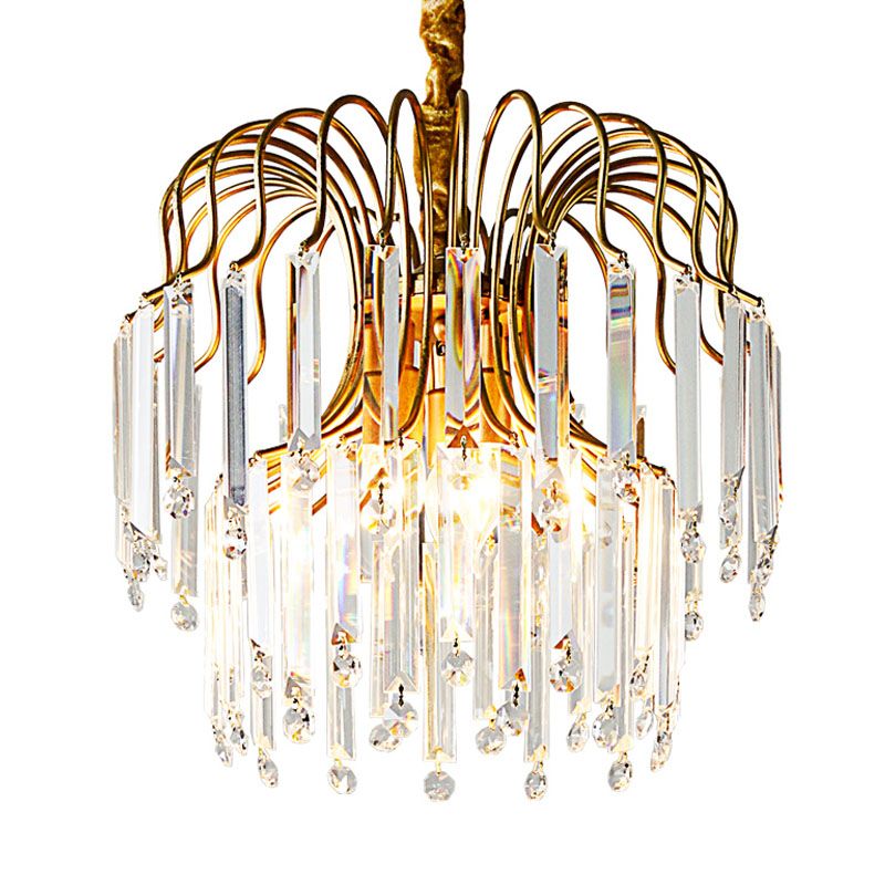 Rectangle-Cut Crystal Gold Hanging Chandelier Waterfall 3 Lights Vintage Down Lighting Pendant for Dining Room