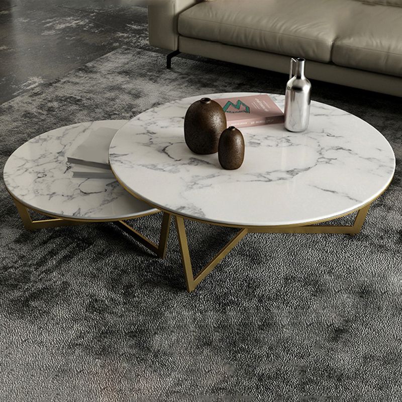Glam White Frame Coffee Table Round Slate Top Cocktail Table