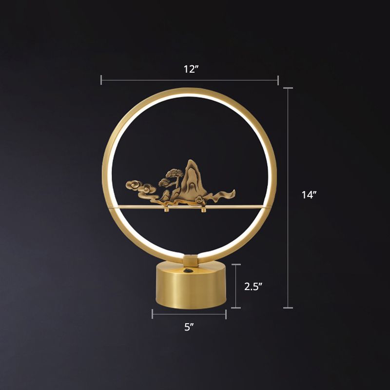 Loop Shaped LED Table Light Artistic Metal Brass Night Lamp with Carved Mountain Decor