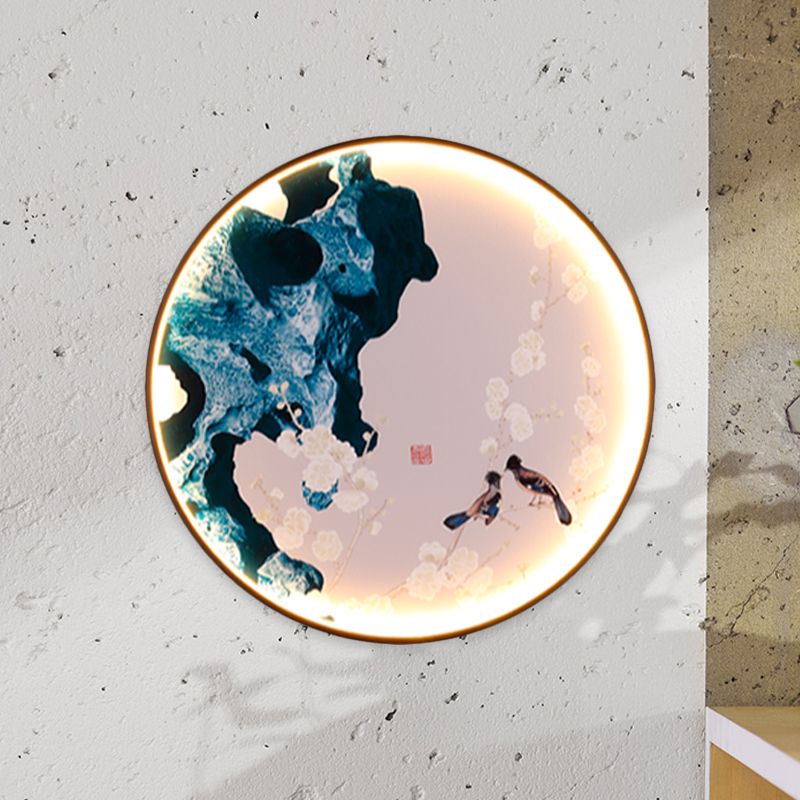 Asia LED Mural Light Black Halcyon and Pine Tree/Bird and Mountain Painting Wall Lighting Ideas with Fabric Shade