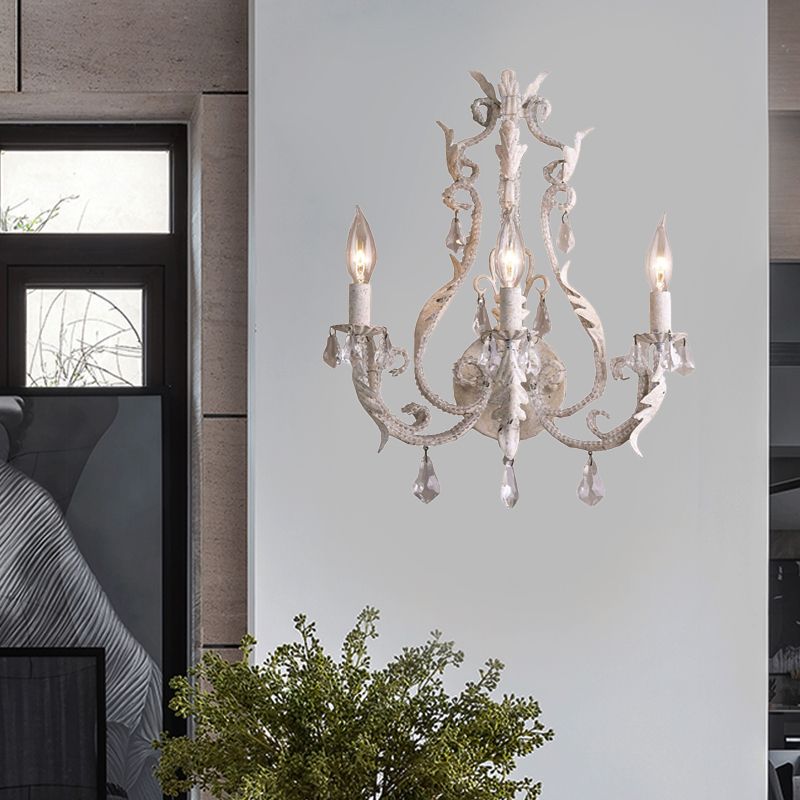 Rustic Curved Arm Wall Mount Light 3 Lights Grey/White/Distressed White Metal Sconce Light with Crystal Accent