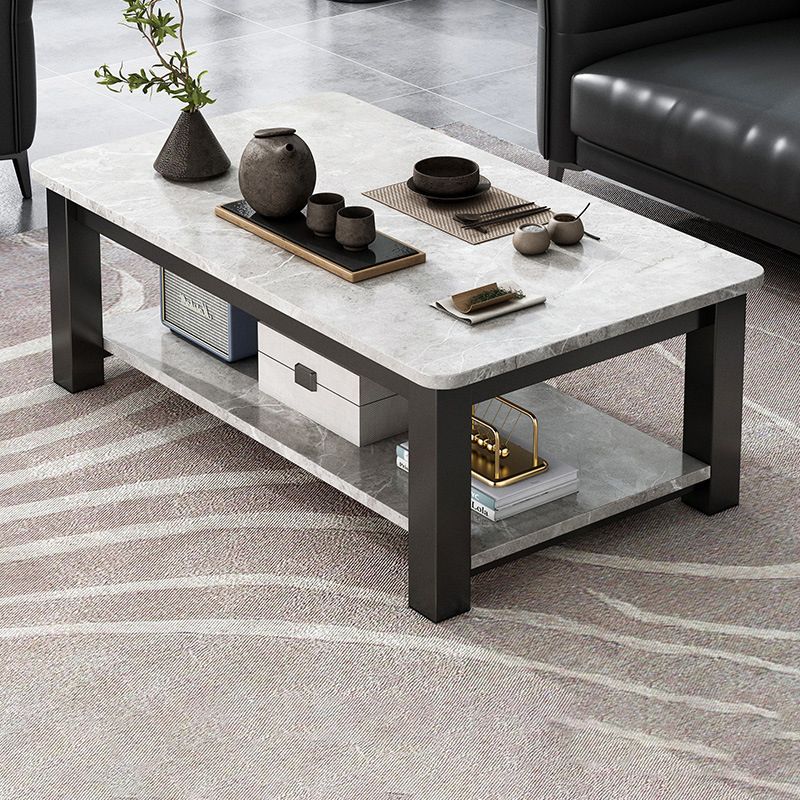 Rectangular Glass 4 Legs Coffee Cocktail Table with Storage Shelf