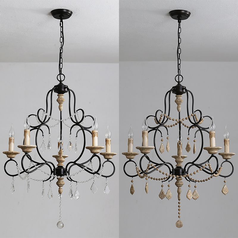 5 bulbes bougies suspendue lampe à la lampe en difficulté en taume de fer blanc en fer en fer avec perles de bois