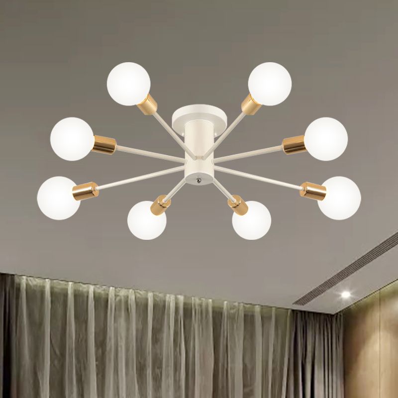 6/8 Heads Bare Bulb Semi Flush Mount Light Vintage Style Black/White Metallic Ceiling Light Fixture for Kitchen