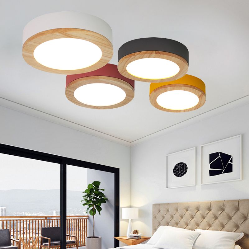 Drum Ceiling Light, Kids Flush Mount Light Fixture with Wood and Acrylic Shade for Bedroom
