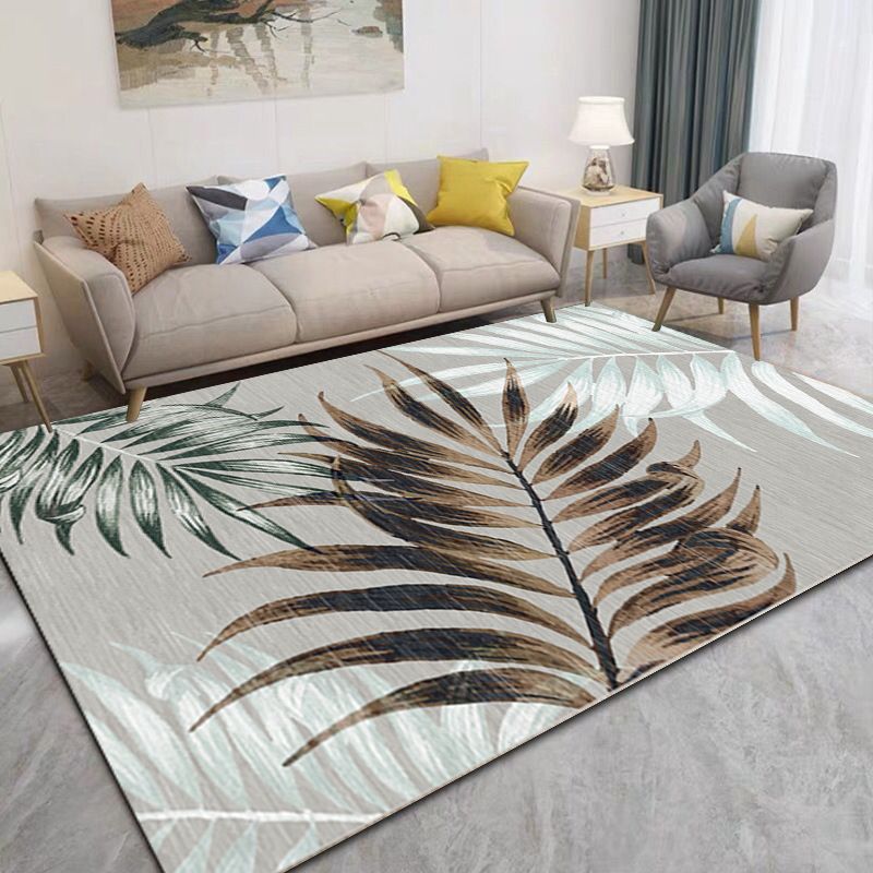 Gray Modern Rug Polyester Leaves Rug Non-Slip Backing Rug for Living Room