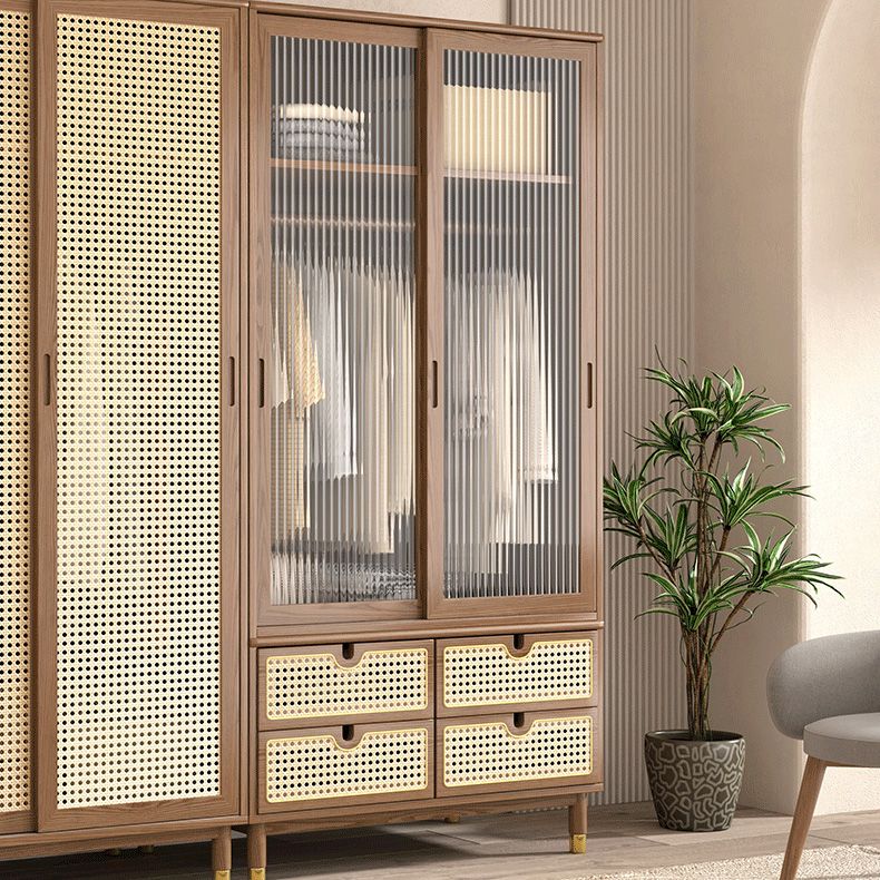 Contemporary Solid Wood Wardrobe Cabinet 2 Sliding Doors Sliding with Drawer