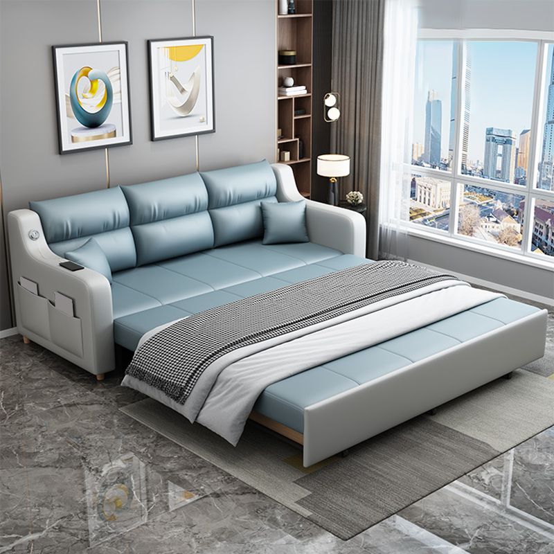 Contemporary Stain Resistant Sofa Bed Faux Leather Couch Bed in Blue