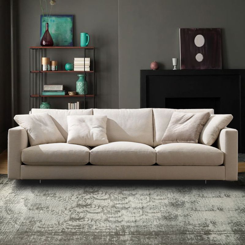 White Slipcovered Fabric Settee Recessed Arm Sofa with Pillows