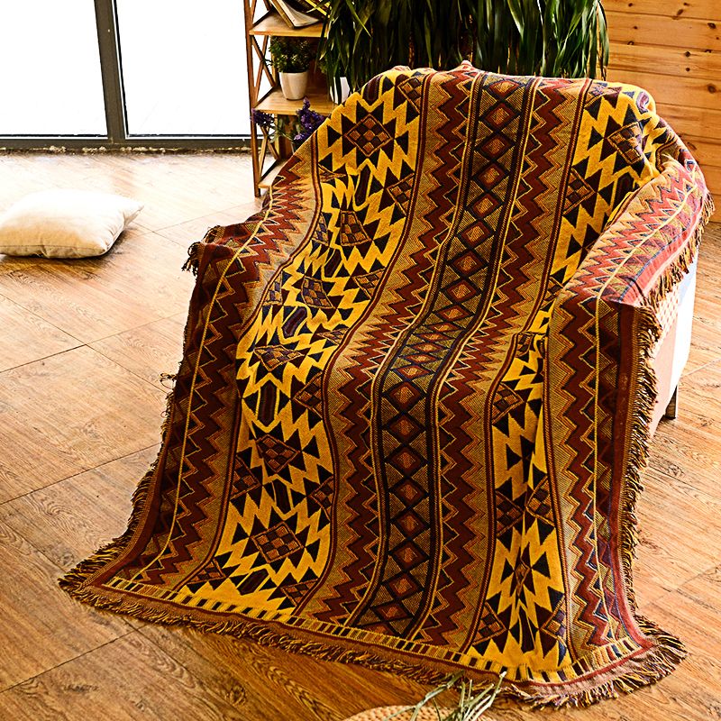 Boho Seamless Print Rug Turmeric Cotton Carpet Machine Wash Rug with Tassel Trim for Room