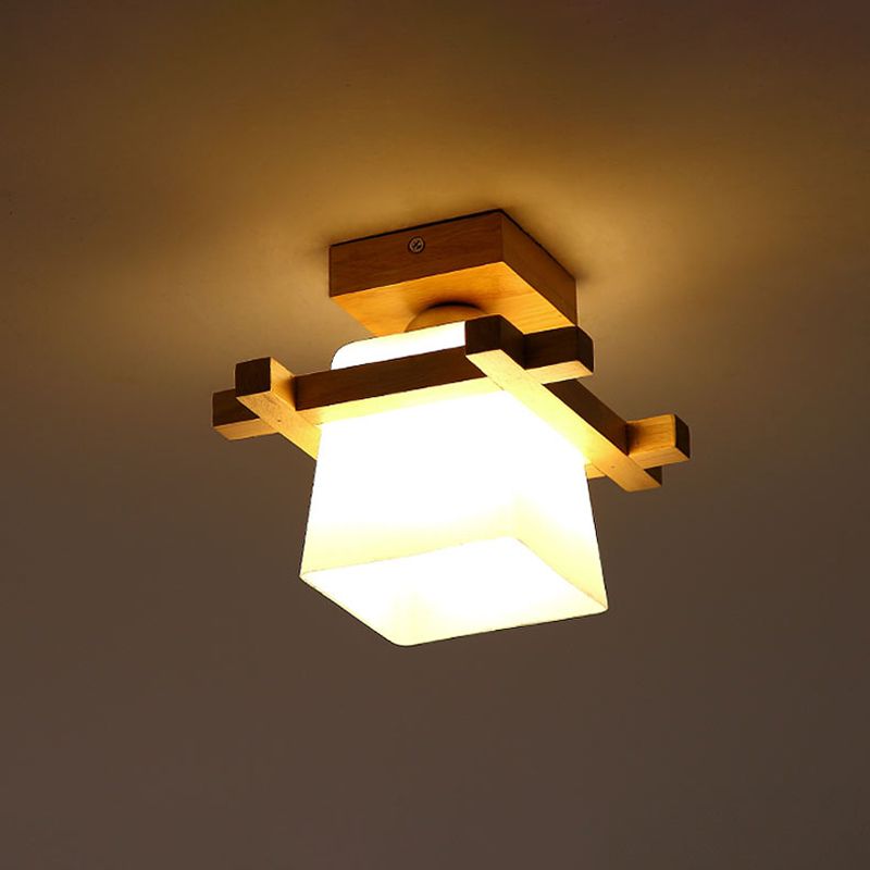 1-Light Balcony Flushmount Ceiling Lamp Simple Wood Semi Flush Light with Trapezoid Hand-Blown Milk Glass Shade