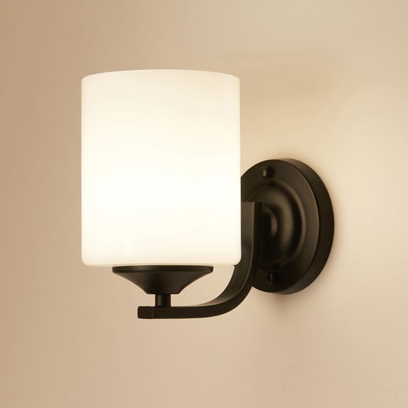 Single-Bulb Wall Sconce Simplicity Cylinder White Glass Wall Light Fixture in Black