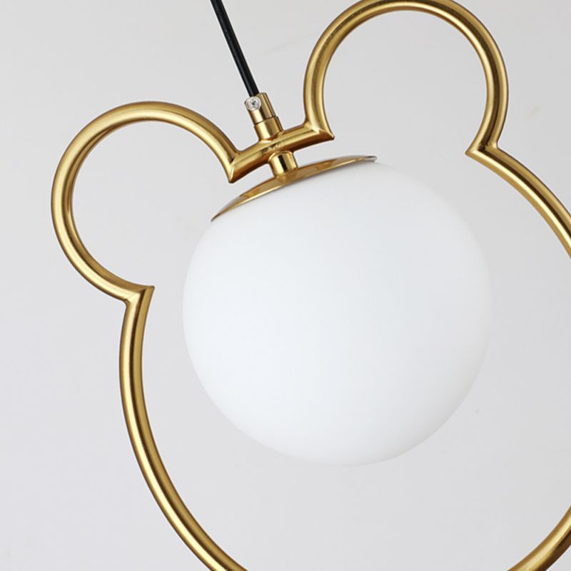 Nordic Minimalism Little Bear Lines Frame Hanging Light with White Glass Ball Shade Mini Pendant Fixtures for Bedside