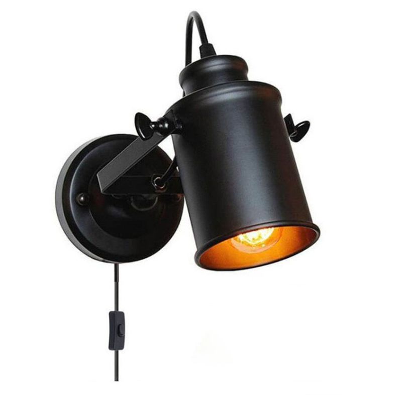 Winkel einstellbarer industrieller Wandlampe 1-Licht Metallzylindrischer Schatten Vintage Leuchten in Schwarz in Schwarz