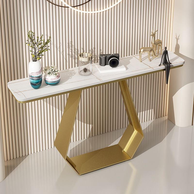 Glam Style Rectangle Top Accent Table with Iron Base and Stone Top