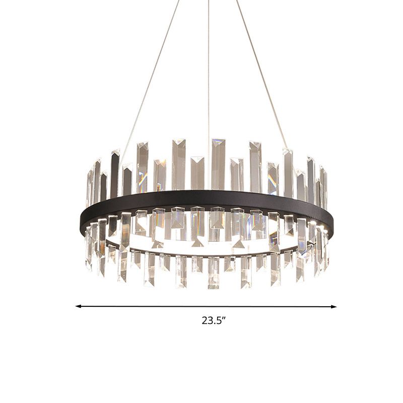 Circular Pendant Ceiling Light Modern Rectangle-Cut Crystal Black/White LED Chandelier Lamp in Warm Light, 23.5"/31.5" Wide