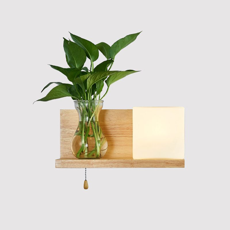 Contemporary Wooden Wall Sconce Simple Wall Light with Glass Shade without Plants