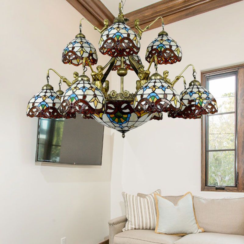 Brown 15 luci lampadario lampadario tiffany taglio a cupola a ciondolo per soggiorno con design della sirena
