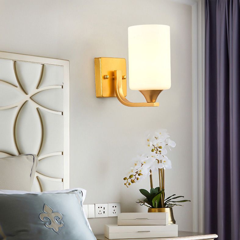 18" H Nordic Simplicity Wall Mount Light White Cylindrical Glass Shade Sconce Light in Polished Gold
