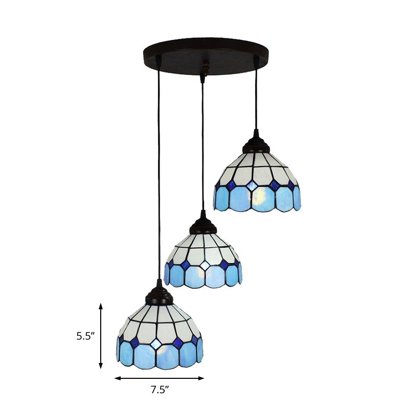 Bowl Hanging Light Fixture Mediterranean Cut Glass 3 Lights Blue Multi Light Pendant for Bedroom