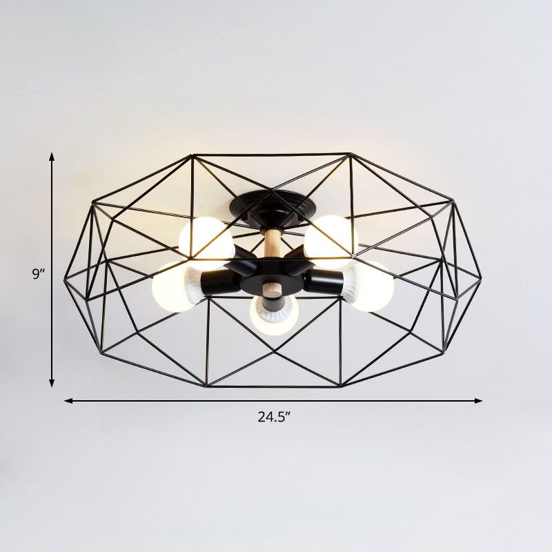 Éclairage semi-monté en verre opale en cage, plafonnier industriel à 3/4/5 ampoules pour salon, noir/blanc