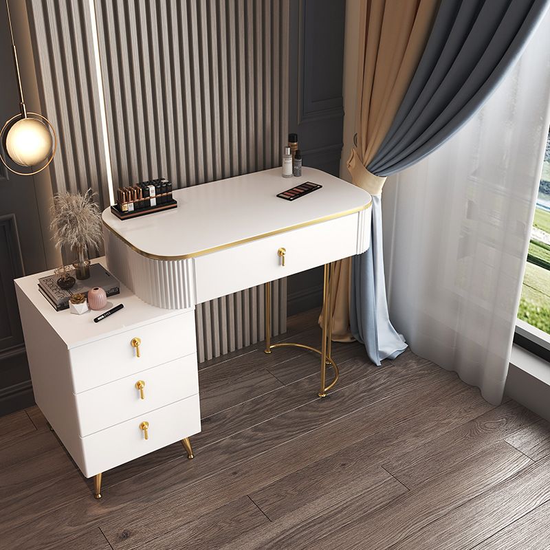 Glam Wood Frame Makeup Vanity Drawer Vanity Set in White for Bedroom