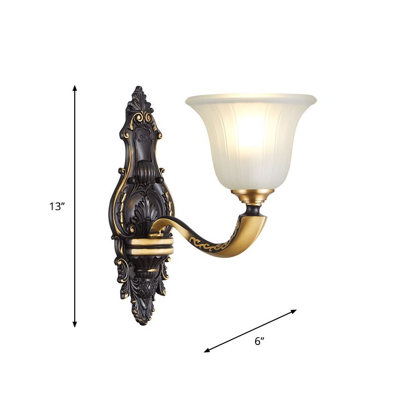 1/2-Bulb Bell Wall Mount Light Vintage Black and Gold Frosted White Glass Sconce for Bedroom