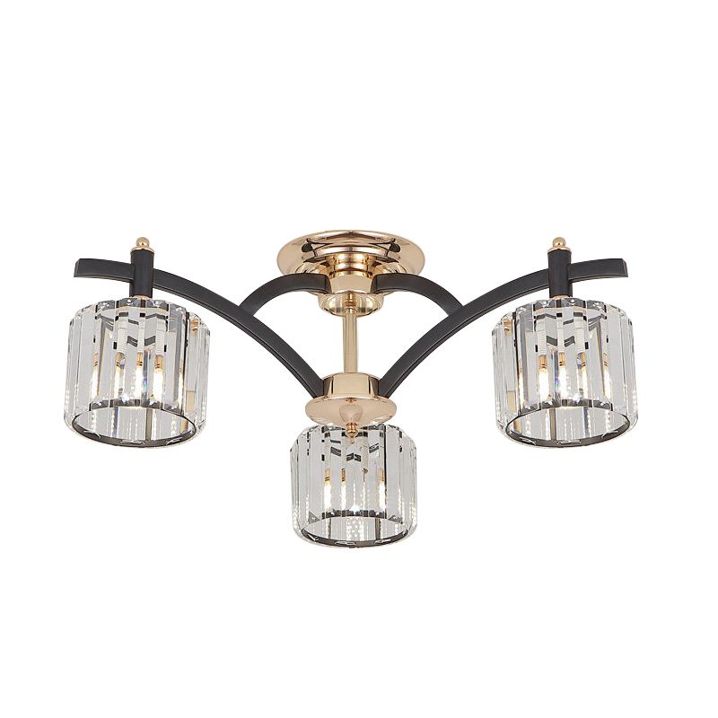 3/6 Heads Crystal Block Semi Flush Light Modern Black and Gold Cylinder Bedroom Ceiling Mounted Lamp