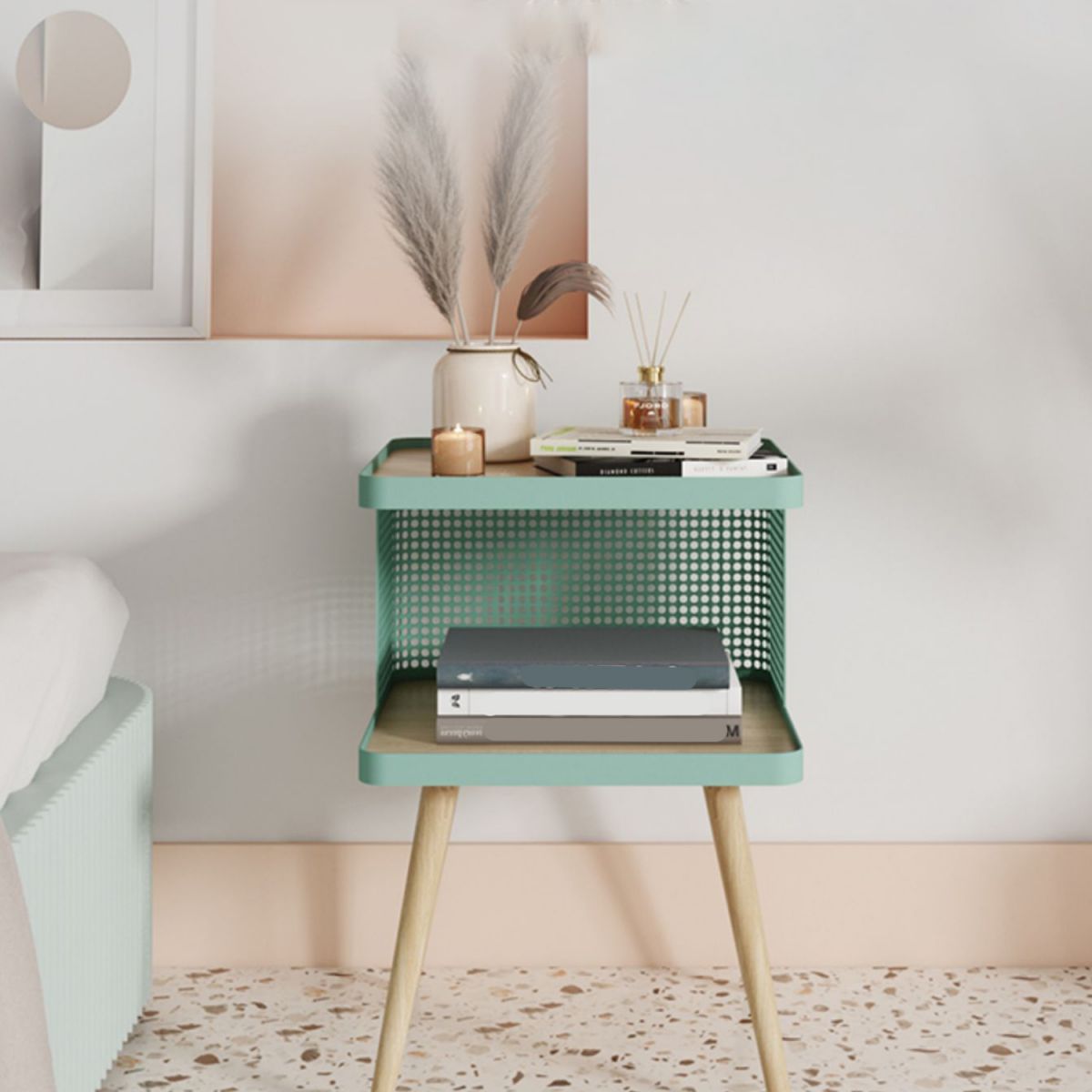 20" H Accent Table Nightstand Pearl Wood and Metal Night Table Lower Shelf