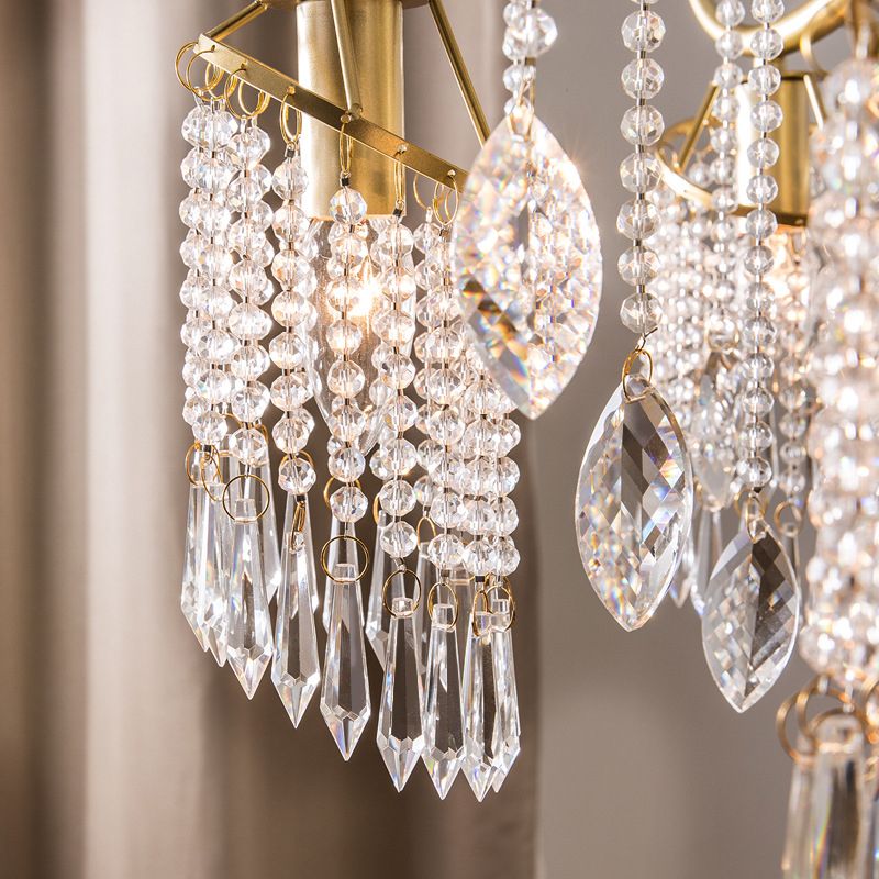 French Style Gold Chandelier Light with Clear Crystal Drops Metal Multi Light Pendant Light for Living Room