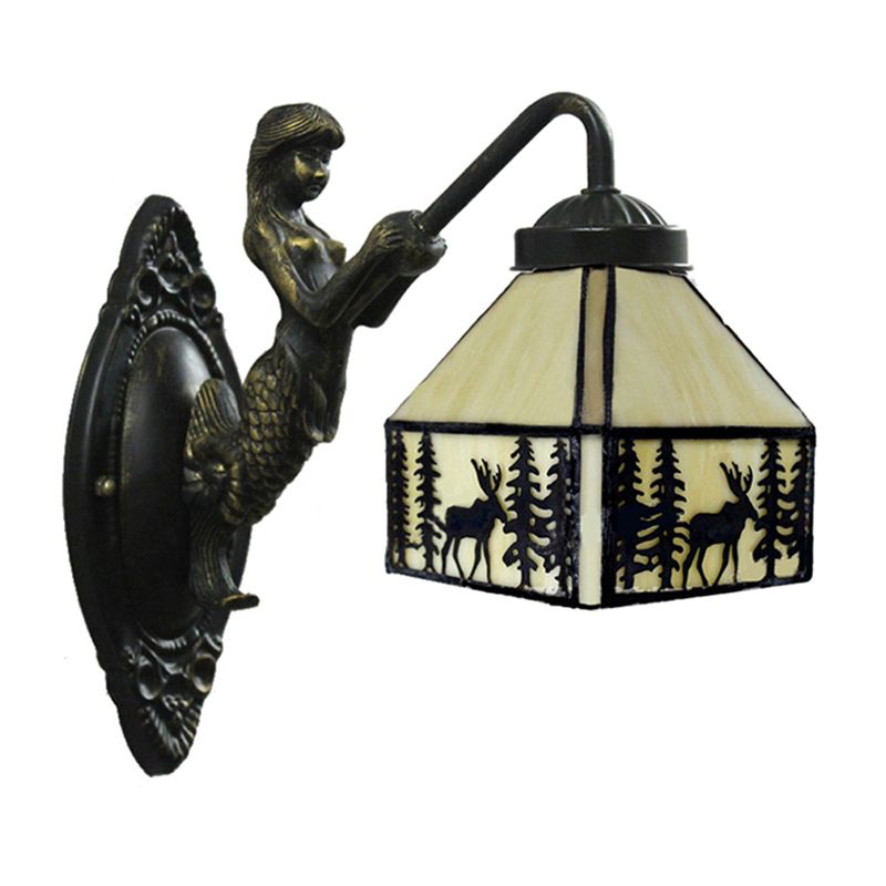 Small House Wall Mount Light Retro Stained Glass 1 Light Wall Lighting with Mermaid Decoration