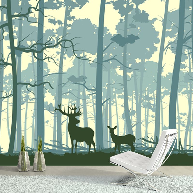 Nordic Forest Deer Silhouette Mural Blue Stain Resistant Wall Covering for Bedroom