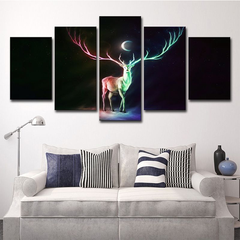 Cartoon Elk and Crescent Canvas Print Green Child Bedroom Wall Art Decor, Multi-Piece