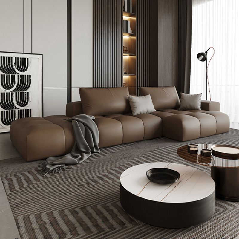 Dark Brown Faux Leather Sectional Stain-Resistant One Arm Sectional for Living Room