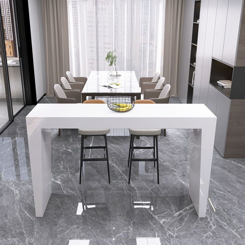 Contemporary Style Bar Table White Wood Bar Dining Table with Double Pedestal Base