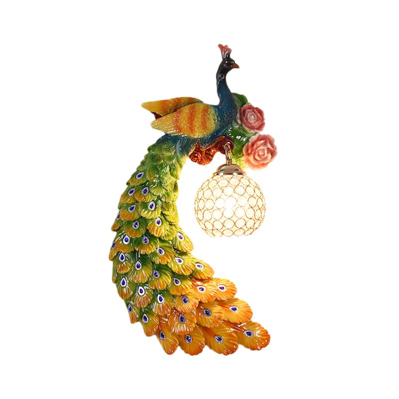 1/2-Pack Blue/Green Peacock Wall Light Fixture 8"/10" Wide 1 Head Retro Style Resin Wall Lamp with Crystal Global Shade, Left/Right