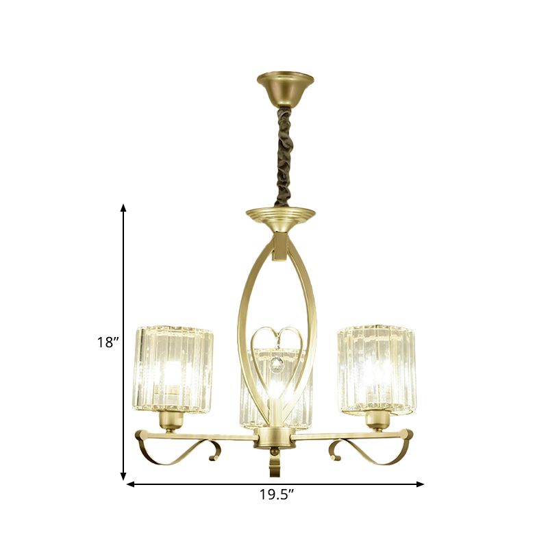 Crystal Cylindrical Suspension Light Traditional 3/6 Heads Sitting Room Chandelier Pendant Lamp in Gold